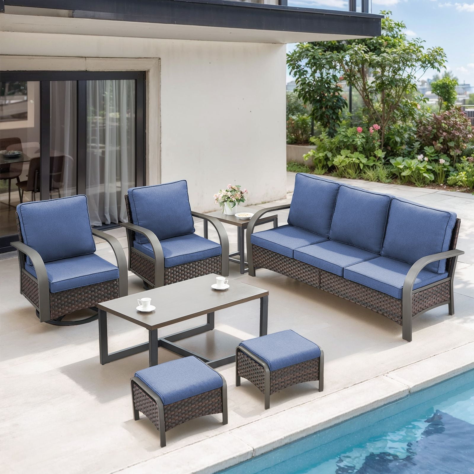 OPOHORO 7-Piece Outdoor Patio Furniture Set with Sofa, 2 Swivel Rocking Chairs, 2 Ottomans, Coffee Table and Side Table, PE Wicker Deep Seating with Blue Cushions