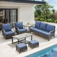 thumbnail image 2 of OPOHORO 7-Piece Outdoor Patio Furniture Set with Sofa, 2 Swivel Rocking Chairs, 2 Ottomans, Coffee Table and Side Table, PE Wicker Deep Seating with Blue Cushions, 2 of 15