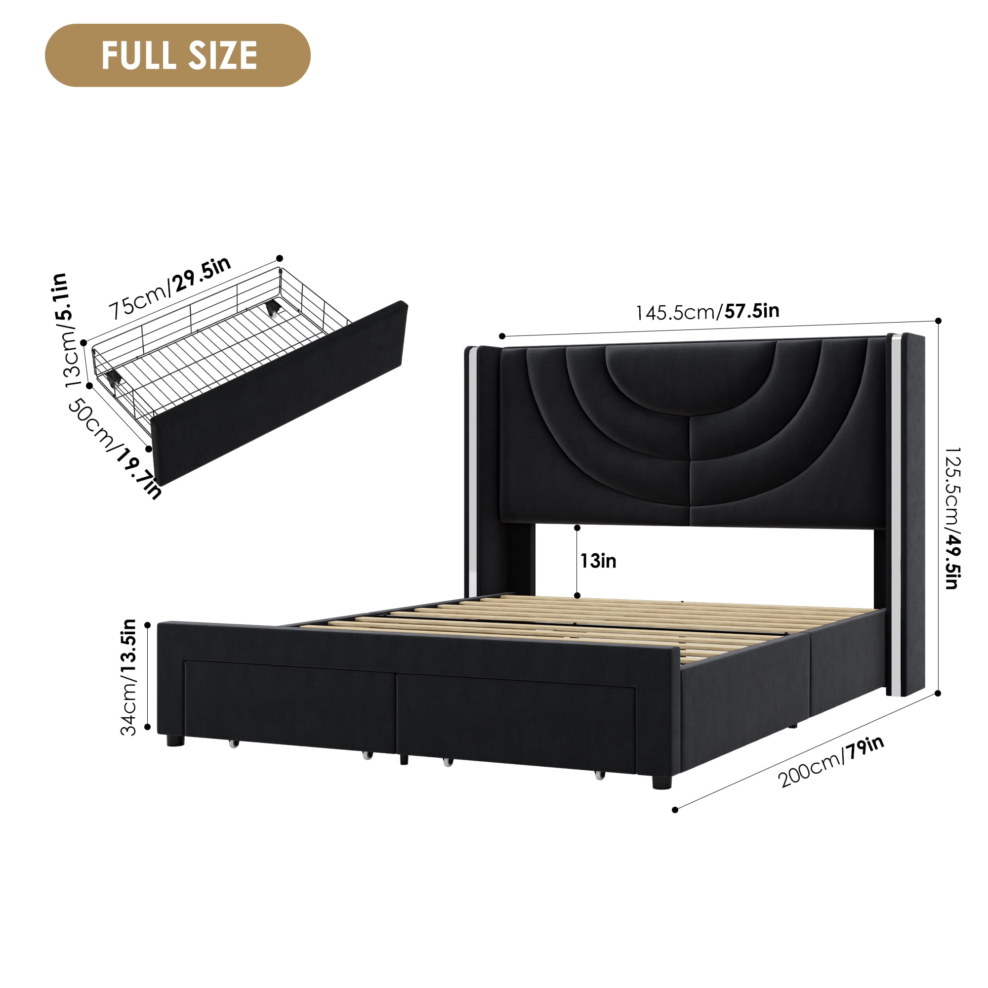 Homfa Full Size LED Bed Frame with 2 Drawer Storage, Wingback Platform Bed with Velvet Upholstered Headboard, Black