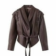 thumbnail image 2 of Leather Jacket Women Faux Oversized Motorcycle Bomber Coats Fashion Women's Casual Long Sleeve Loose Lace Up Long Looped Woolen Coat Jacket Brown M, 2 of 6