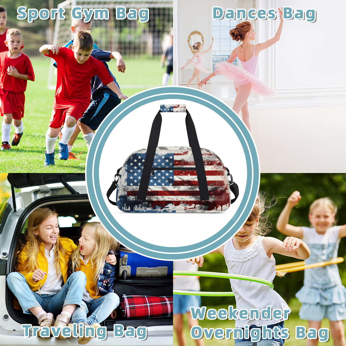 Herdesigns 4th of July Sports Duffle Bag for Women & Men, Patriotic American Flag Gym Bag Dance Bag Overnight Bag Carry On Weekender Travel Bag