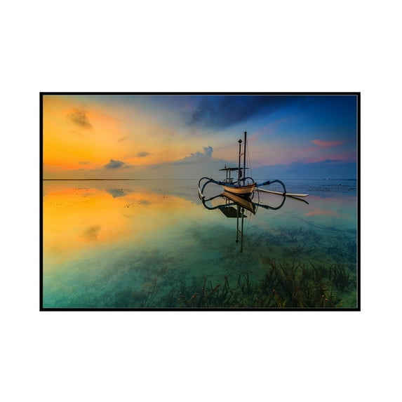 Karang Beach, Sanur, Bali - Boat at Sunset - Lantern Press Photography (18x12 Framed Gallery Wrapped Stretched Canvas)
