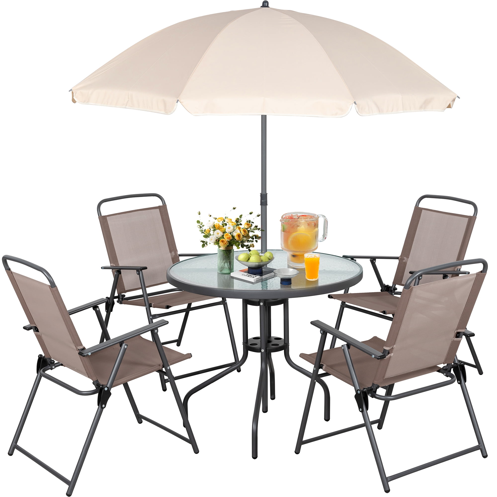 Walsunny Patio Dining Set with Umbrella, 6 Pieces, Black, Includes Tempered Glass  Table and 4 Folding Chairs - Walmart.com