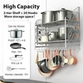 thumbnail image 2 of 35 Inch Pot Rack Wall Mounted, 2 Tier Pots and Pans Organizer with 20 Hooks and 6 Pot Lid Holders, Heavy Duty Steel Pot and Pan Hanger for Kitchen Cookware Utensils Storage, Silver, 2 of 13