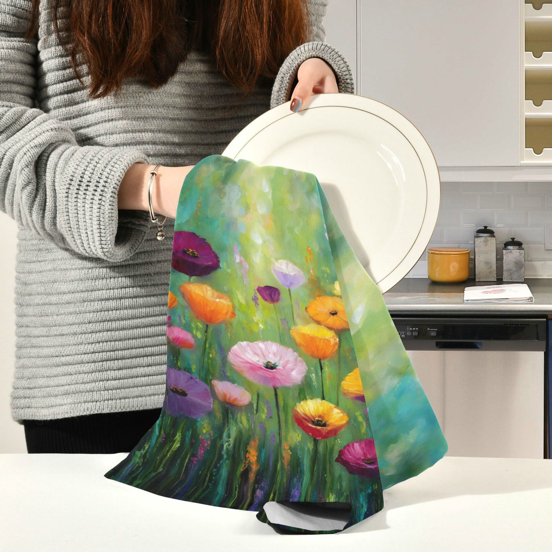 Qxltty Spring Wildflowers Kitchen Towels 28 x 18 Inch Set of 6 Soft Cotton Linen Feel Dish Towels with Hanging Loop for Drying, Cleaning & Decor