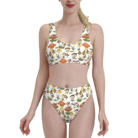 Bixox Mushrooms Pattern Two-Piece Sports Bikini with U-Shaped Top and High-Waist Bottom - Women s Swimwear with Removable Bra Pads