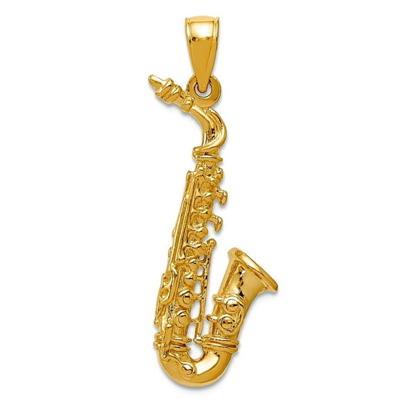 14k Yellow Gold Solid Polished 3-D Saxophone Pendant Necklace 34.6x15.8mm Pendant for Women
