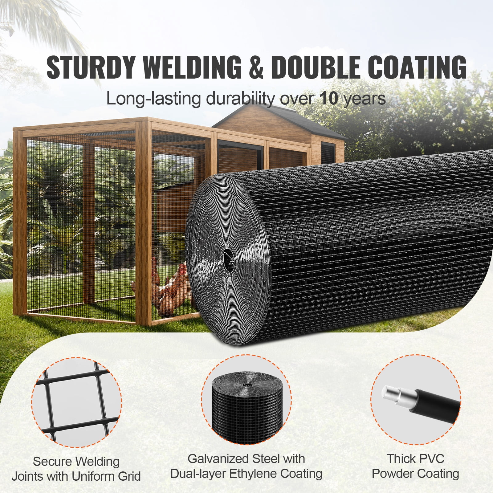 KFFKFF Metal Hardware Fabric, 36'' x 50' Coated Wire Mesh Roll, 19 Gauge Poultry Netting Roll, Vinyl-Infused Metal Wire Grid for Chicken Coop Protection, Rabbit Snake Barriers, Bird Cage Enclosures