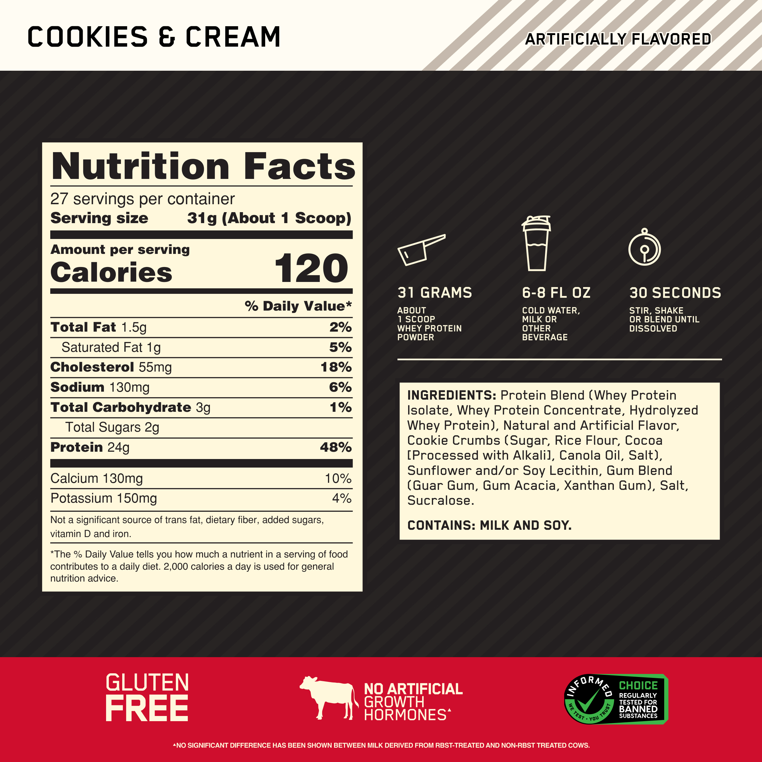 Optimum Nutrition, Gold Standard 100% Whey Protein Powder, 24 g Protein, Cookies & Cream, 1.85 lb, 27 Servings - image 6 of 11
