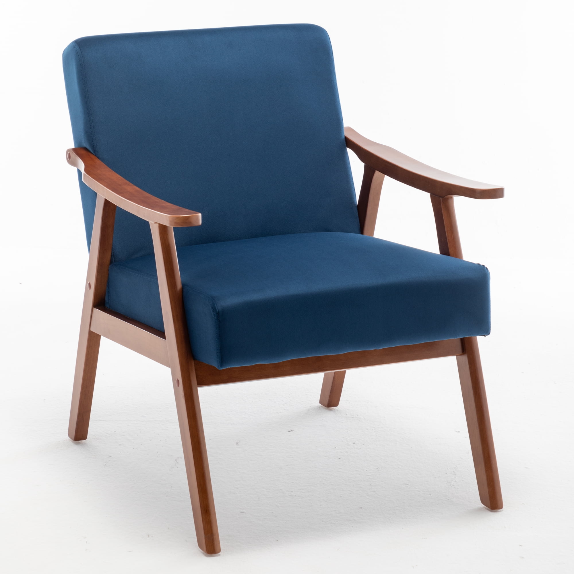 Accent Chair, Mid-Century Modern Armchair with Solid Wood Legs, Reading Leisure Chair with High Back for Living Room Bedroom Waiting Room, Blue+Velvet