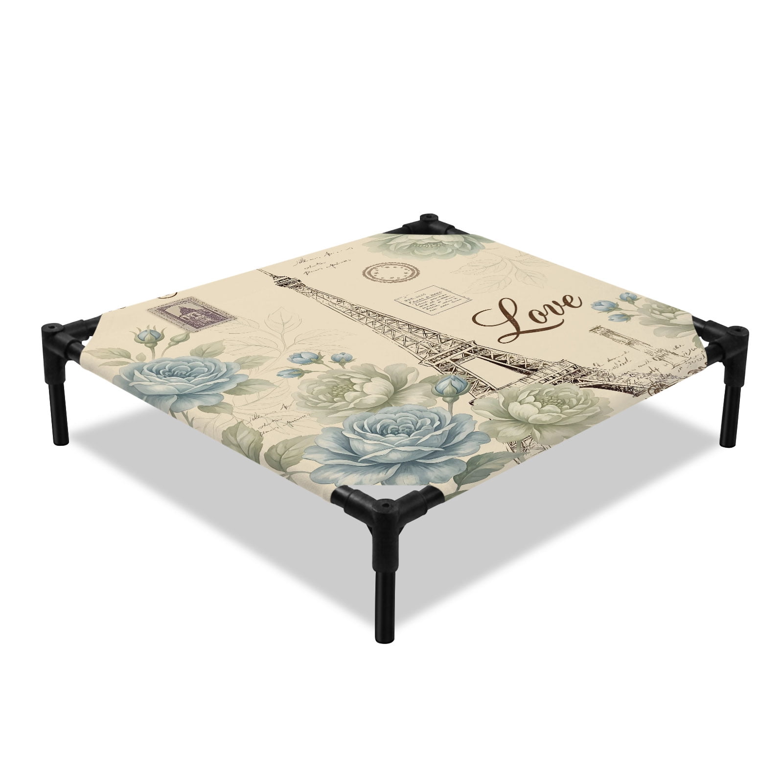 Love Paris Tower Elevated Dog Bed Romantic Travel Blue Green Roses Flowers Postcard Cooling Breathable Outdoor Raised Dog Cot Bed with Metal Frame Non-Slip Feet for Small Dog 20x20in
