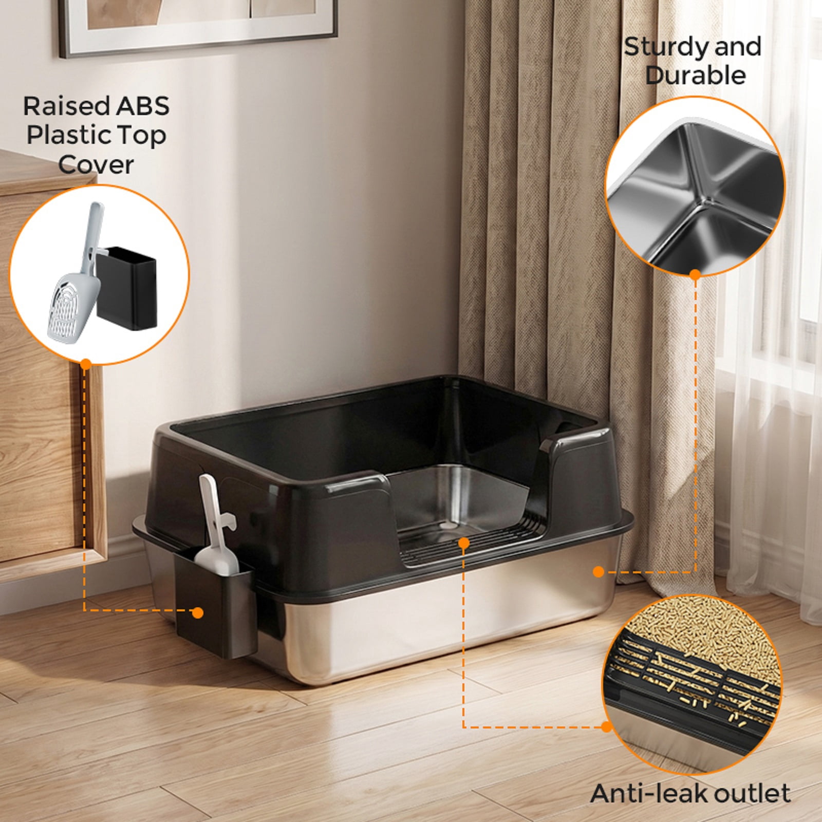 Stainless Steel Cat Litter Box with Lid, XL Extra Large Cat Litter Box for Big Cats, High Wall Sides, Never Absorbs Odors, Anti-Urine Leakage, Easy Cleaning, Scoop and Mat Included, Black
