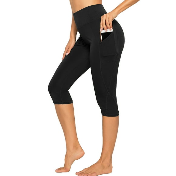 SEASUM Women's Yoga Capri Leggings With Pockets High Waist Athletic Workout Pants Black XL