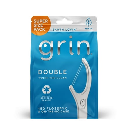 Grin Double Flosspyx, Floss Picks, 150 ct, Dental Flossers, Minty Flavor, Recycled Plastic, 2 Lines of Strong Floss, Longer Floss Head, Traps Food