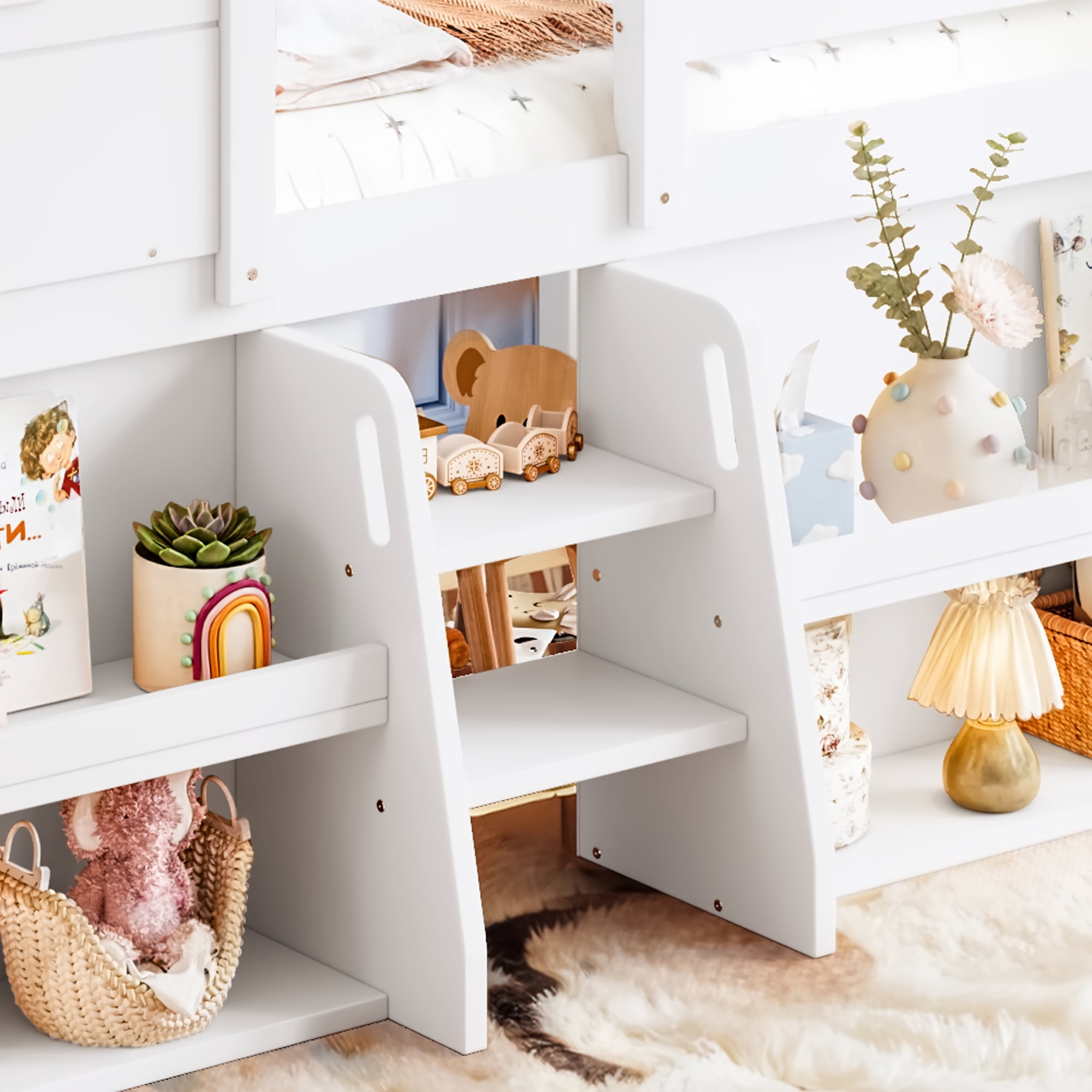 Leumius Twin Size Loft Bed with Storage Shelves and Stairs, House Loft Bed with Playhouse Shape Roof and Window, Childlike and No Box Spring Needed Design, White