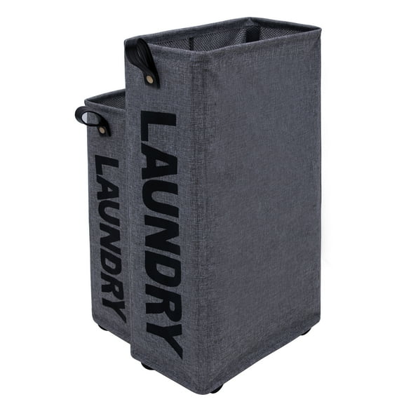 Caroeas x-Large Slim Laundry Baskets 65L Tall with Leather Handle, Laundry Basket on Wheels , Collapsible Laundry Hamper, Rolling Hamper Dorm Baskets(Grey Linen)