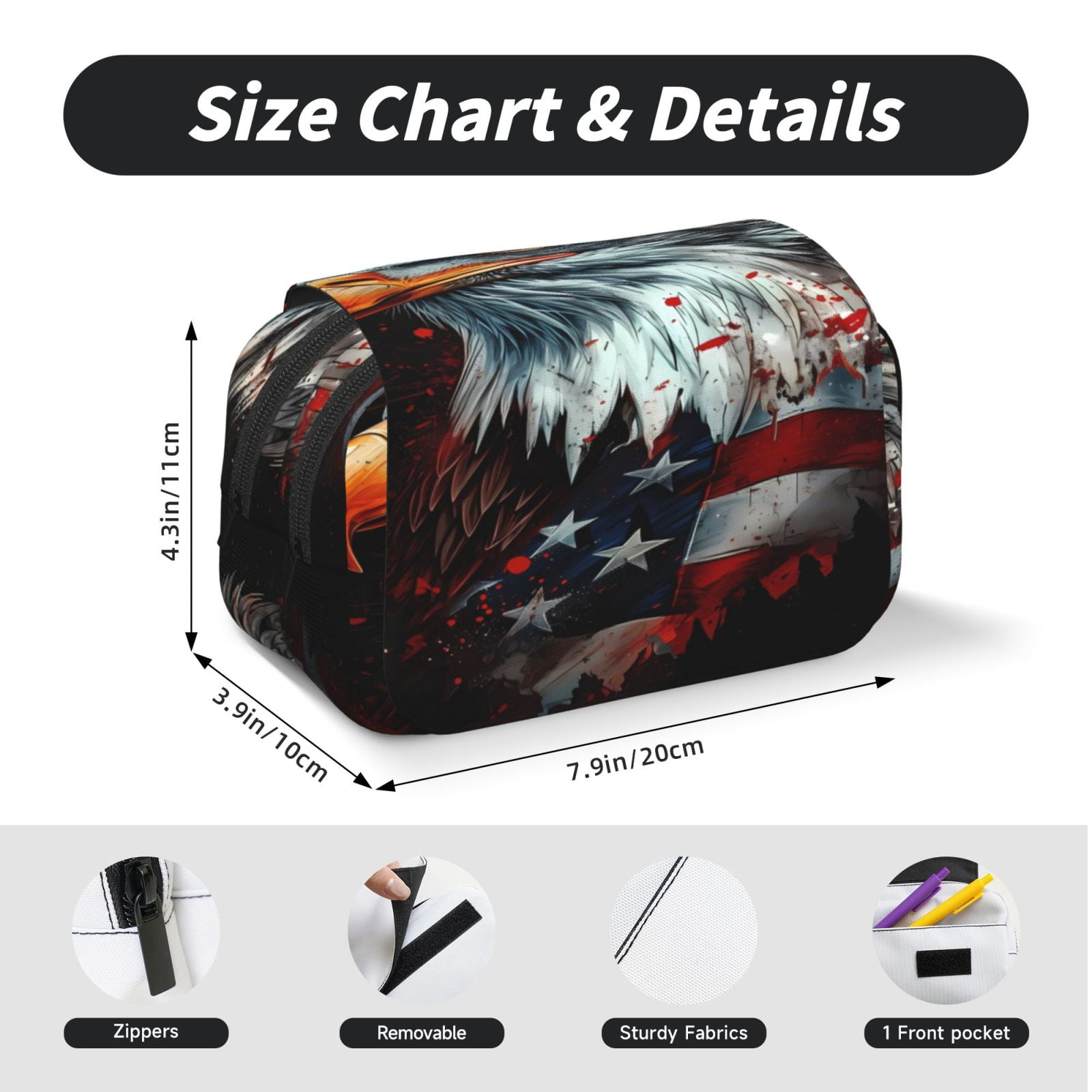 Rateoe USA Bald Eagle Pattern Double Clamshell Pen Case, Storage Organizer with Two Zipper Compartments– Holds Up to 50 Pencils & Pens