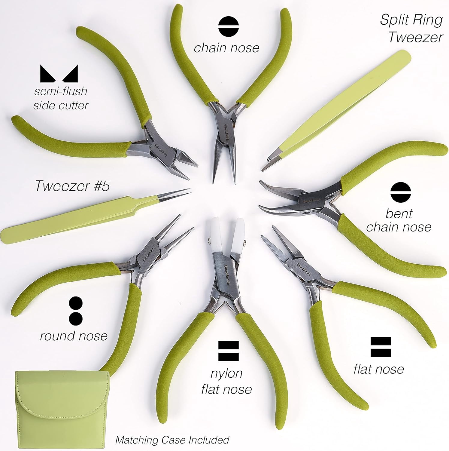 The Beadsmith Fashion Color Pliers - Set of 8 Slimline Color-Coordinated Tools – Matching Clutch in Light Olive – Jewelry Making Supply Kit to Create Necklaces, Bracelets, Earrings & More