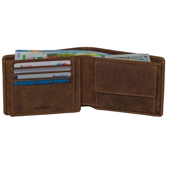DiLoro Men's Leather Wallet Bifold Flip ID Section Coin RFID Protection Brown