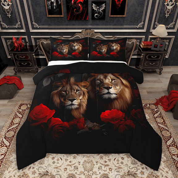 Manfei Wild Lion Bedding Comforter Set 2pcs, Jungle Animal Theme Twin Comforter Sets, Chic Red Rose Bedding Set, Lightweight Room Decor