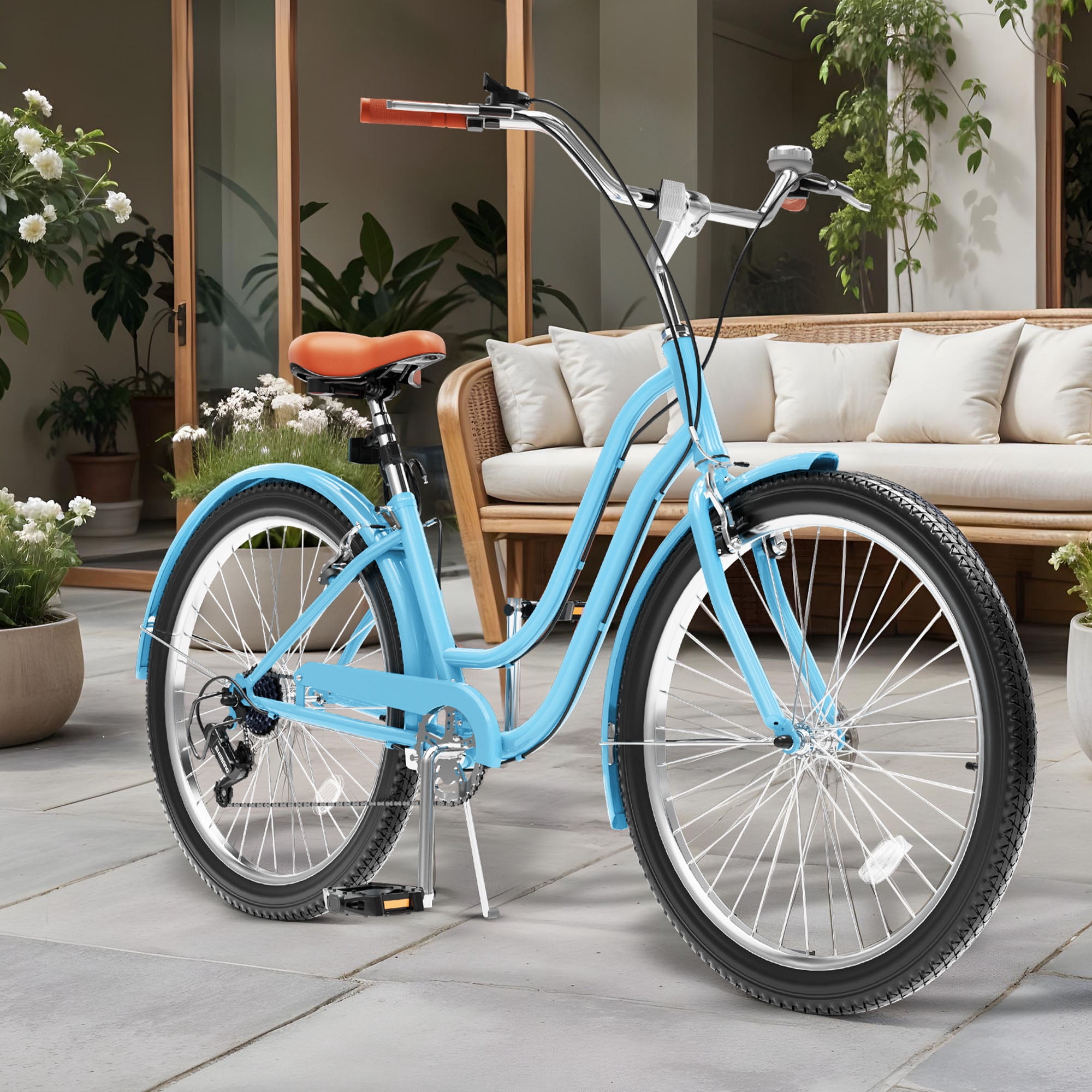 Uforic 26 Inch Beach Cruiser Bike, 7-Speed, Step-Through Bicycle for Men & Women, Steel Frame, Light Blue