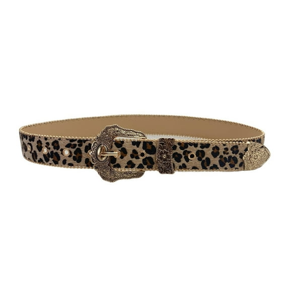 lanema Fashion Leopard Print Belt Girl Metal Buckle Belt 2000s Waistband Ethnic Waistbelt Bead Trim Belt Aesthetic Buckle Belt