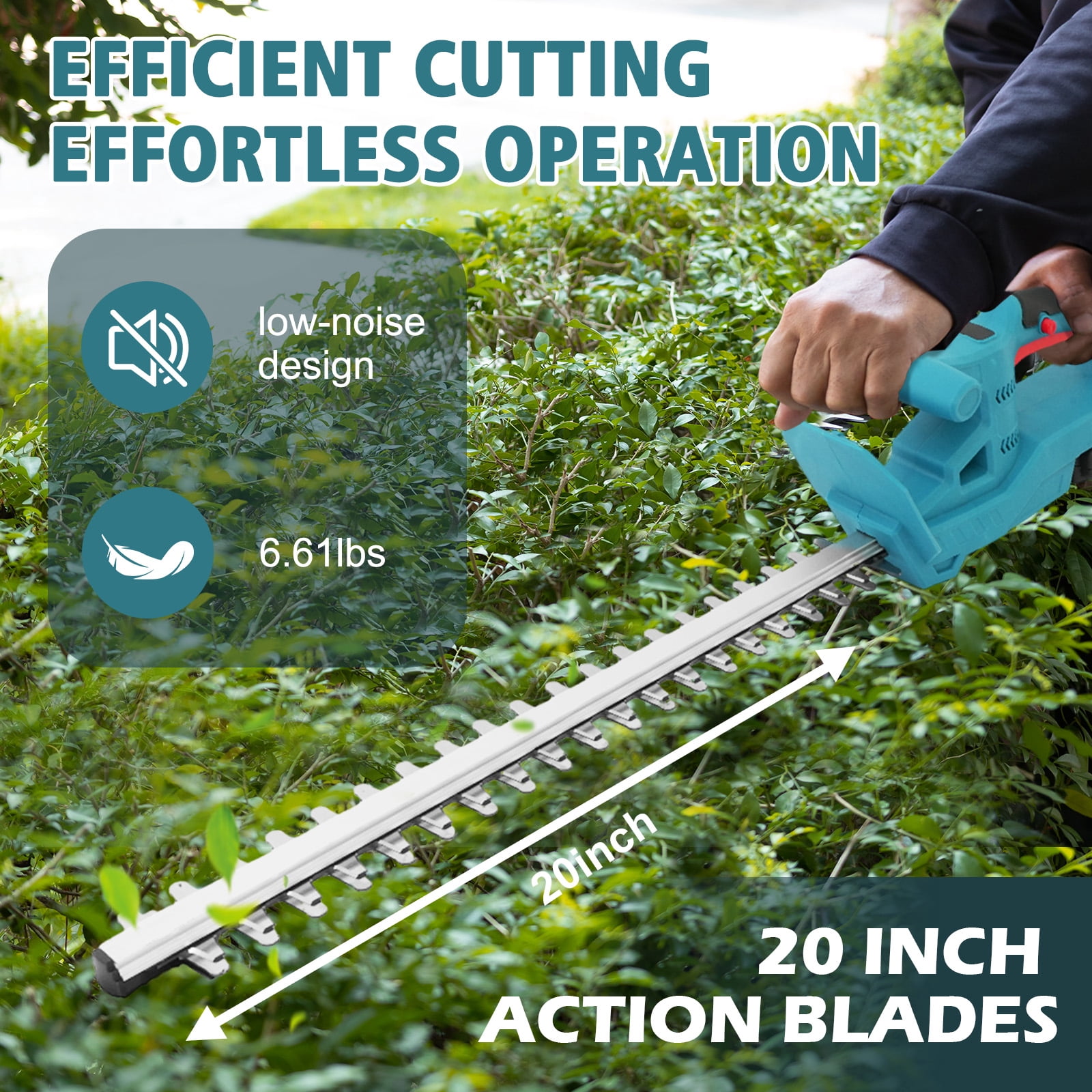 24V Lightweight Cordless Hedge Trimmer, 20 Inch Dual-Action Carbon Steel Blade Electric Hedge Trimmer with Ergonomic Comfort Grip