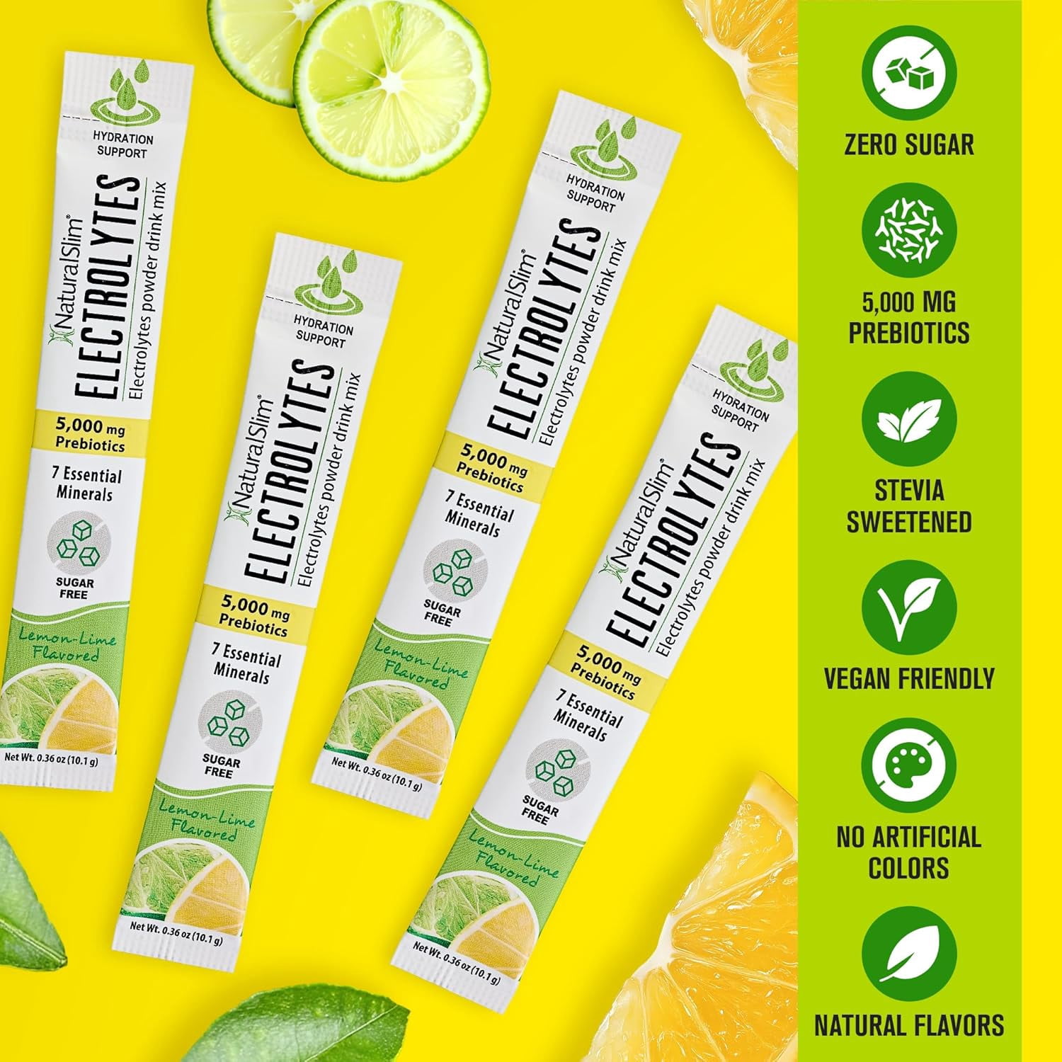 NaturalSlim Electrolytes Powder, Sugar-Free Hydration & Energy Drink Mix with Prebiotics, Lemon Lime, 16 Stick Packs (5.7 oz)