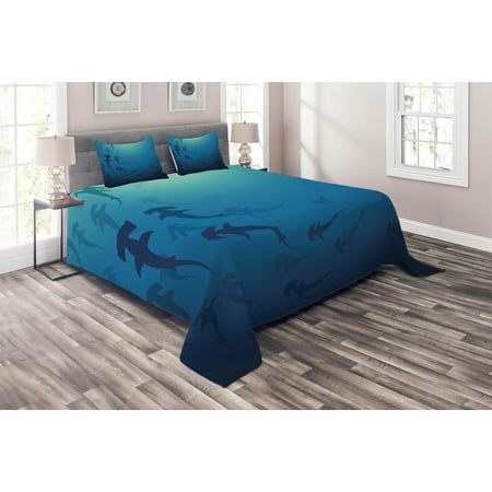 Sea Animals Coverlet Set, Hammerhead Shark School Scan Ocean Dangerous Predator Wild Nature Illustration, Decorative Quilted Bedspread Set with Pillow Shams Included, Navy Blue, by