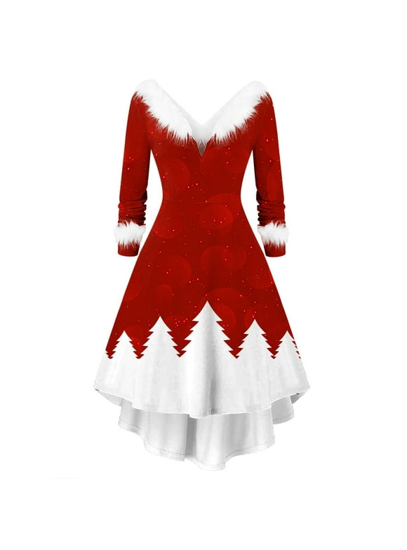 Ediodpoh Women Christmas -Plush Panel Long Sleeve V Collar Asymmetrical Party Dress Christmas Dresses for Women Red_007 XXL