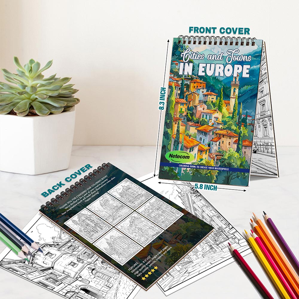 Netecom Cities and Towns In Europe Coloring Book Spiral Bound For Adults, A5 Wooden Cover, 30 Charming Coloring Pages in Historic European Architecture for Stress Relief and Relaxation