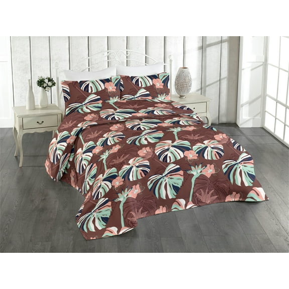 Ambesonne Tropical Quilted Bedspread Set 3 Pcs, Simplified Exotic Flora, King, Pale Salmon Seafoam