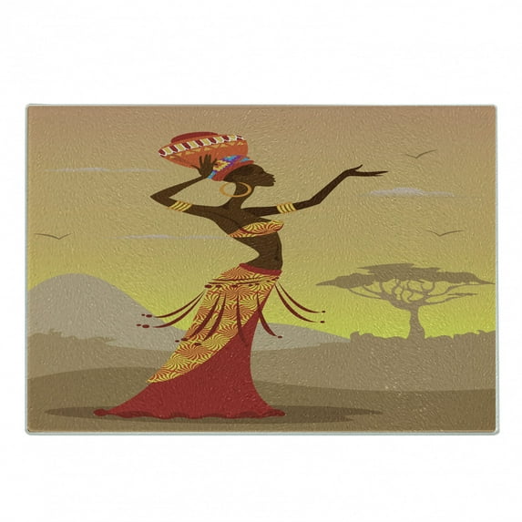 African Cutting Board, Creative Woman in Desert Gulls Flying Around Folk Female Print, Decorative Tempered Glass Cutting and Serving Board, Small Size, Amber Tan, by Ambesonne