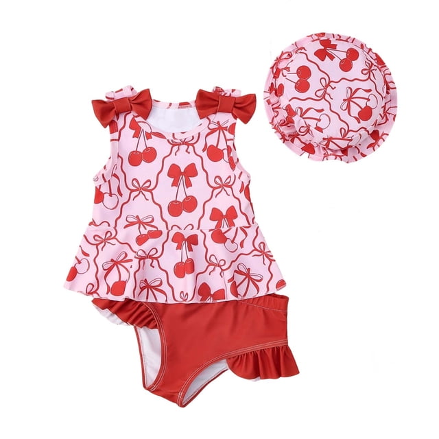 Sombreros de Verano para Niños para Niñas Impreso Traje de Baño de Cuerpo Dividido con Sombrero para la Playa Y la Piscina, 6M-4Y