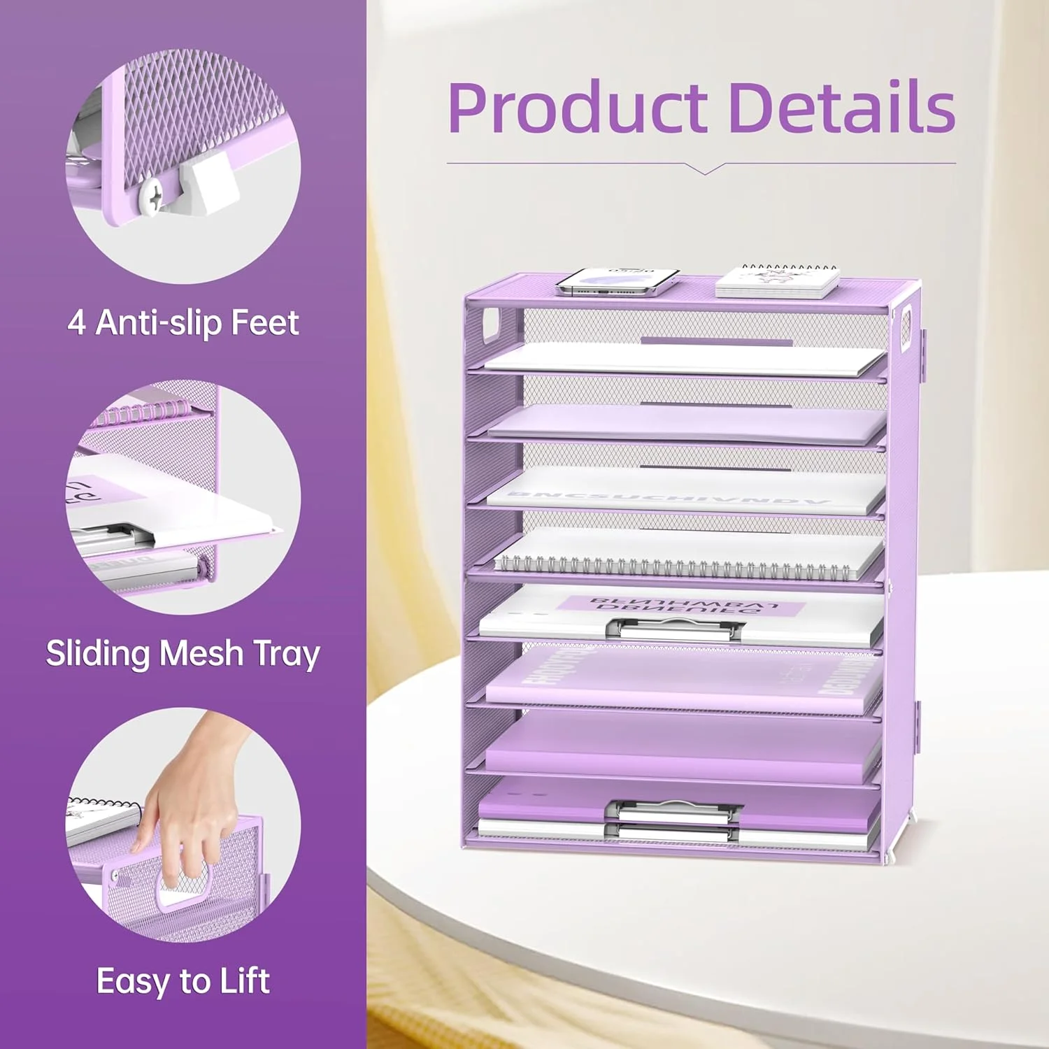 INTIGE 9-Tier Mesh Desktop Organizer with Handles, File Holder Organization, Purple, 1 Piece