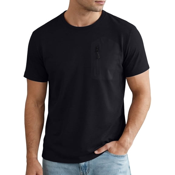 BVnarty Men's Solid Zipper Pocket Crew Neck Short Sleeve T‑Shirt, Quick‑Dry Outdoor Casual Workout Tops Black L