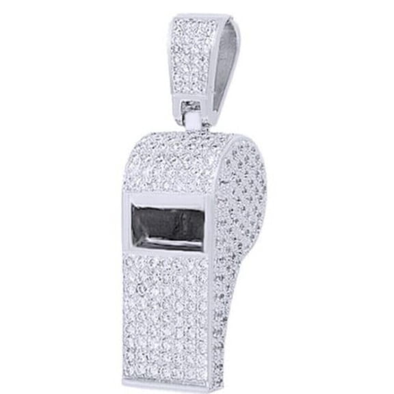 14K White Gold Plated Lab-Created Round Diamond Mens Coach Whistle Pendant Necklace, Luxury Sports Inspired Jewelry