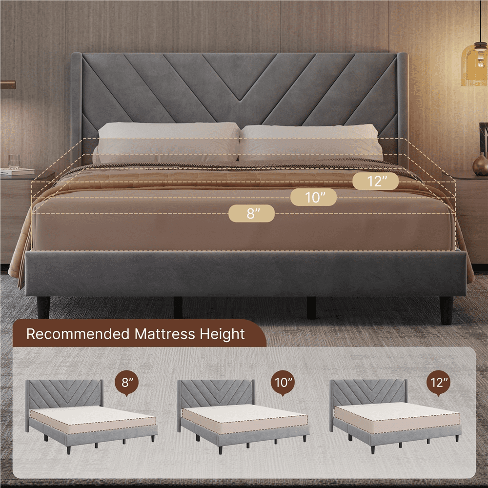 Renwick Upholstered Platform Bed Frame with Wooden Slat Support, King, Light Gray