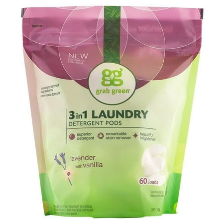 Grab Green Natural 3 in 1 Laundry Detergent Pods, Organic Enzyme-Powered, Plant & Mineral-Based, Lavender + Vanillaâ??With Essential Oils, 60 Loads Lavender with Vanilla 34