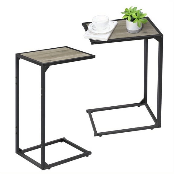 C Shaped End Table, Side Table for Sofa/Couch, Slide Under Couch Table with Metal Frame, Small TV Tray Table for Living Room/Bedroom, Greige & Black 2pc