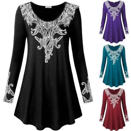 Women's fashion Paisley Long Sleeve Tunic Tops Floral Printed Shirts Blouse