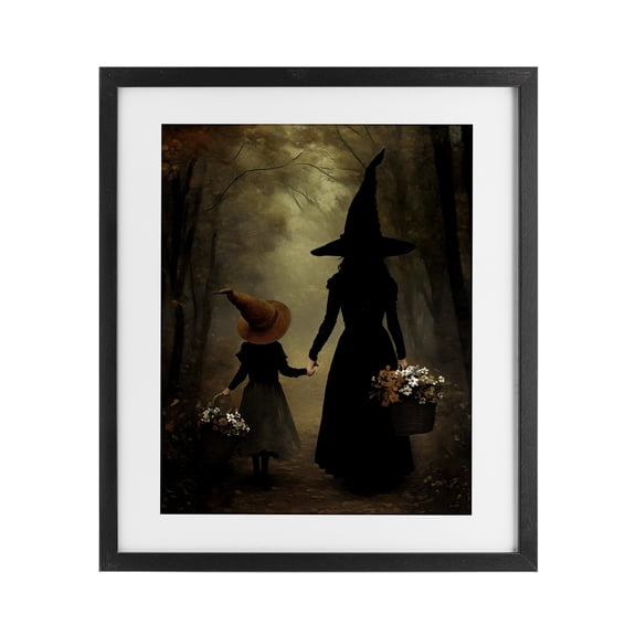 Witch & Daughter Mystical Forest Black Framed Print Under Glass, design by Arlington Prints
