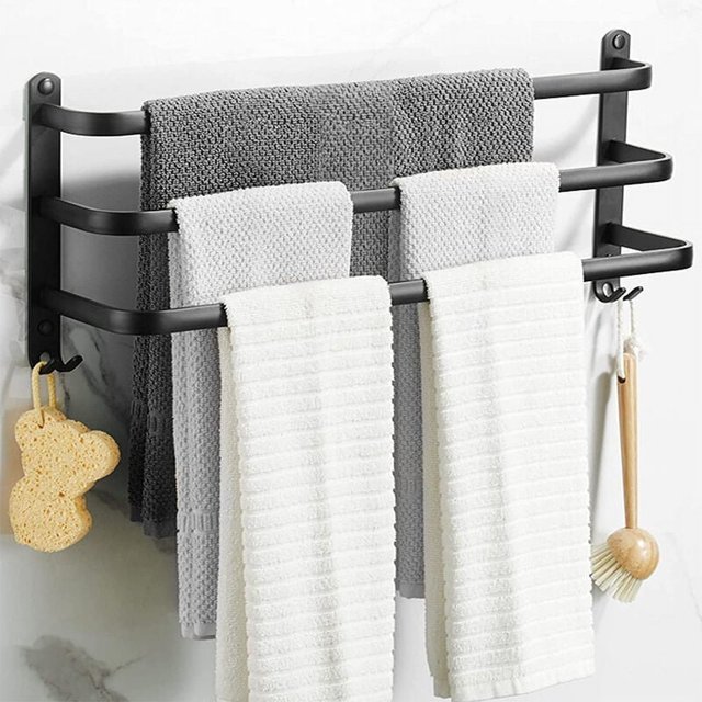 Toallero doble para almacenamiento a prueba de óxido, estante de aluminio montado en la pared con gran capacidad y acabado negro mate para la gestión de toallas de baño (50 cm)