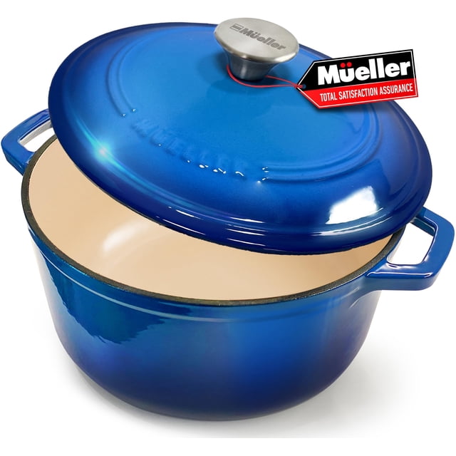MÜELLERHOME Horno holandés de hierro fundido esmaltado de 7.5 cuartos, cacerola resistente y sartén para estofado con tapa y perilla de acero inoxidable, apto para horno hasta 500 °F y en todas las es