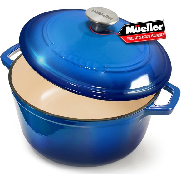 MÜELLERHOME Horno holandés de hierro fundido esmaltado de 7.5 cuartos, cacerola resistente y sartén para estofado con tapa y perilla de acero inoxidable, apto para horno hasta 500 °F y en todas las es