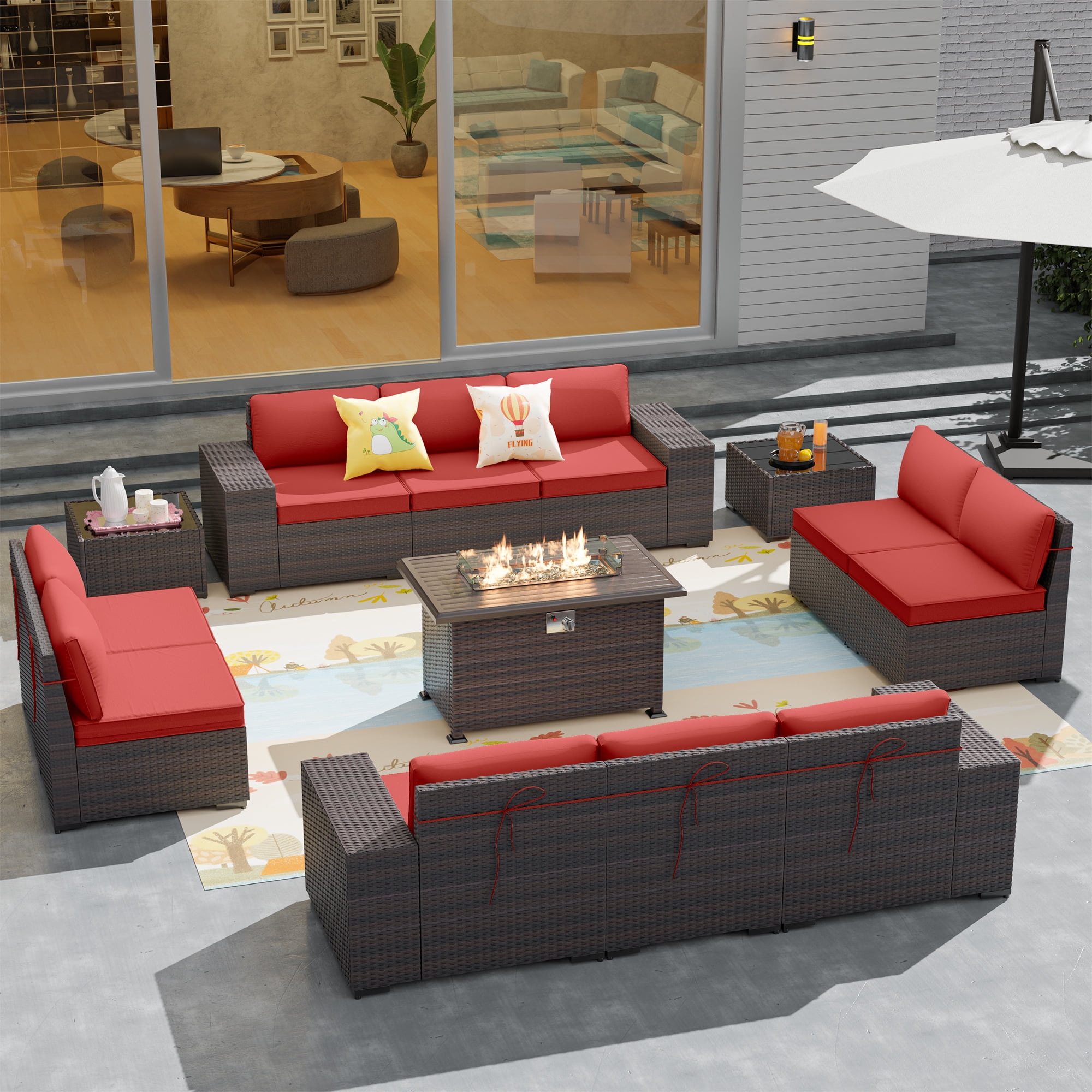 Kullavik Outdoor Patio Furniture Set with Gas Fire Pit Table, 13 Pieces