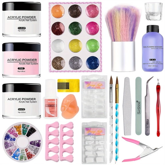 22pcs nail crystal powder set, with nail brush, 16 colors of nail powder, nail extension clippers, transparent nail tips, etc. Suitable for nail beginners and enthusiasts to use DIY nail tool set.