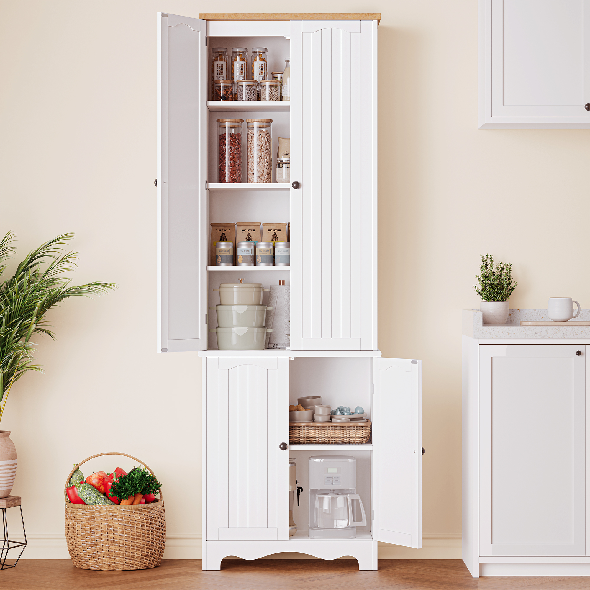 72" Kitchen Pantry Cabinet, Freestanding Storage Cabinets, Tall Food Pantry with Doors and Adjustable Shelves, Tall Storage Cabinets for Kitchen Dining Room Living Room, White