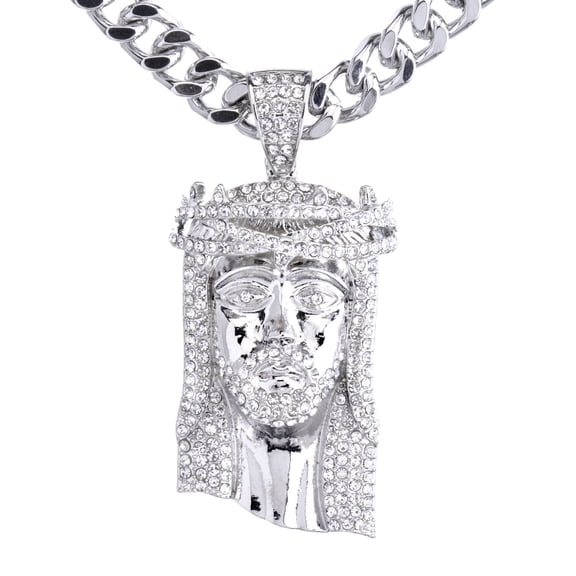 14k Silver Plated Big Hip Hop Jesus Head Pendant Cubic Zirconia & 10mm 30" Cuban Link Chain
