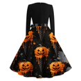 thumbnail image 4 of Womens Halloween Dress Pumpkin Costume Dresses Vintage Bat Print Dress A Line Dress Halloween Themed Plus Size Clothes Orange 3XL, 4 of 6